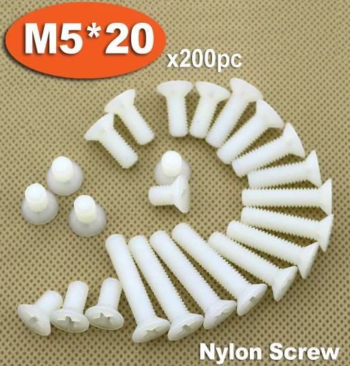 

200pcs DIN965 M5 x 20 White Plastic Nylon Screw Cross Recessed Countersunk Flat Head Screws