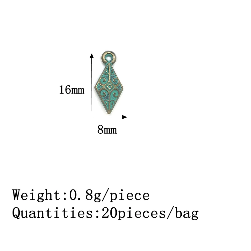 2021 New Fashion 20pcs/bag 16*8MM Zinc Alloy Antique Green Metal Rhombus Charms Pendants for DIY Earring Jewelry Accessories