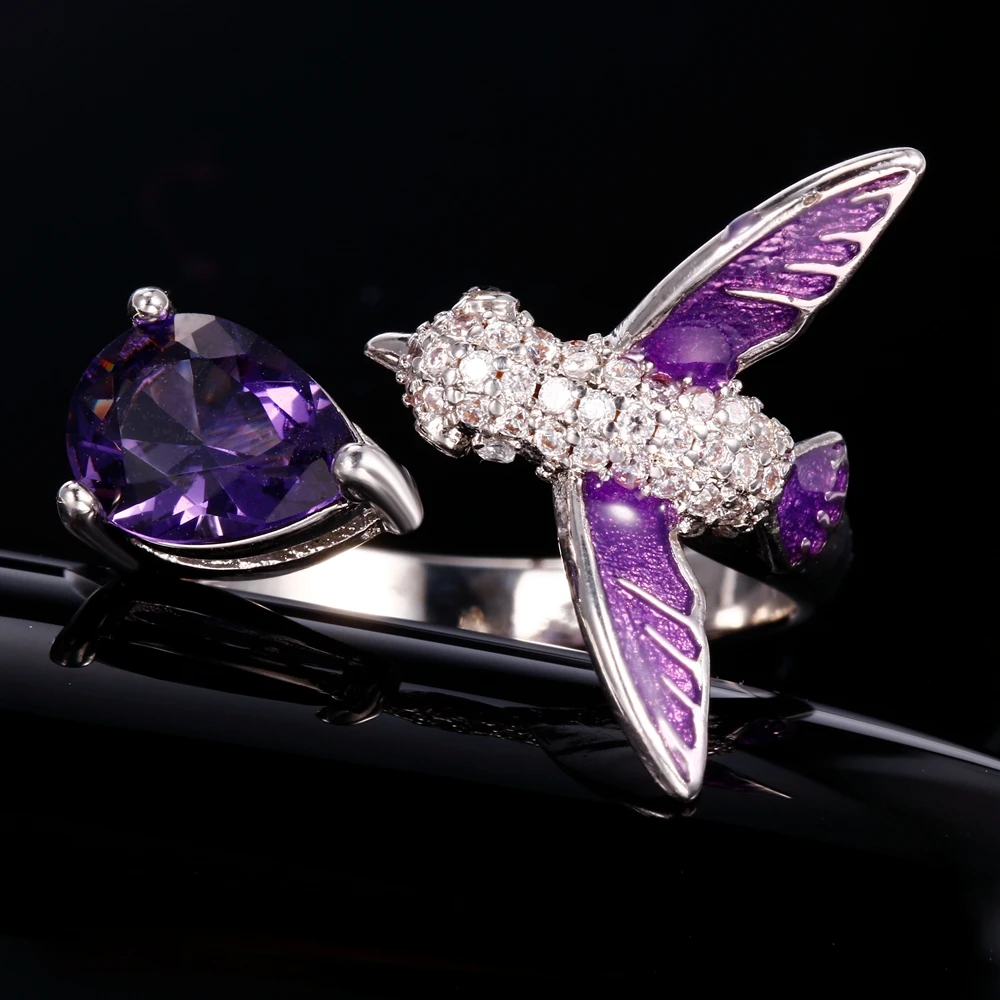 Original Bird Design Purple Amethyst Adjustable Open Rings For Women Top Quality Fashion 925 Silver Jewelry Bohemia Wedding Ring