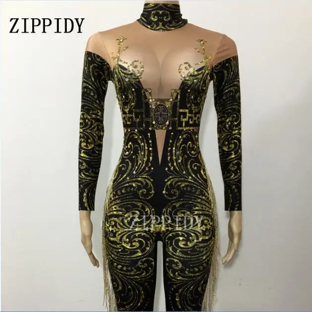 Sexy Printed Tassel Leggings Jumpsuit Rhinestones Women Skinny Bodysuit Birthday Female Singer DS Show Nightclub Prom Stage Wear