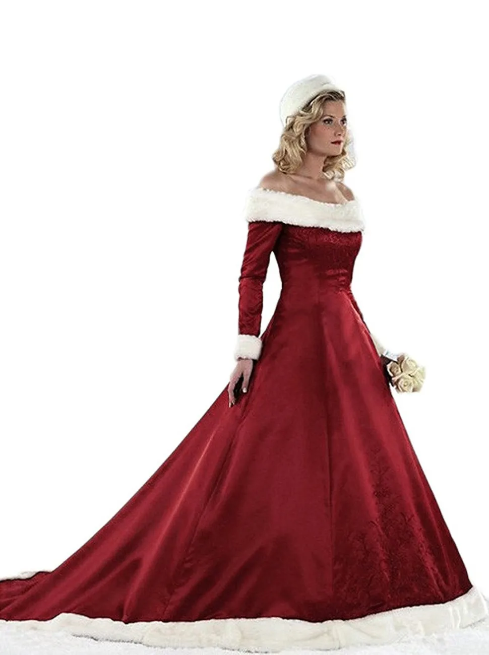 2019 New Women's Christmas Wedding Dresses Plus Size Long Sleeve Winter Satin With Faux Fur Bridal Gown