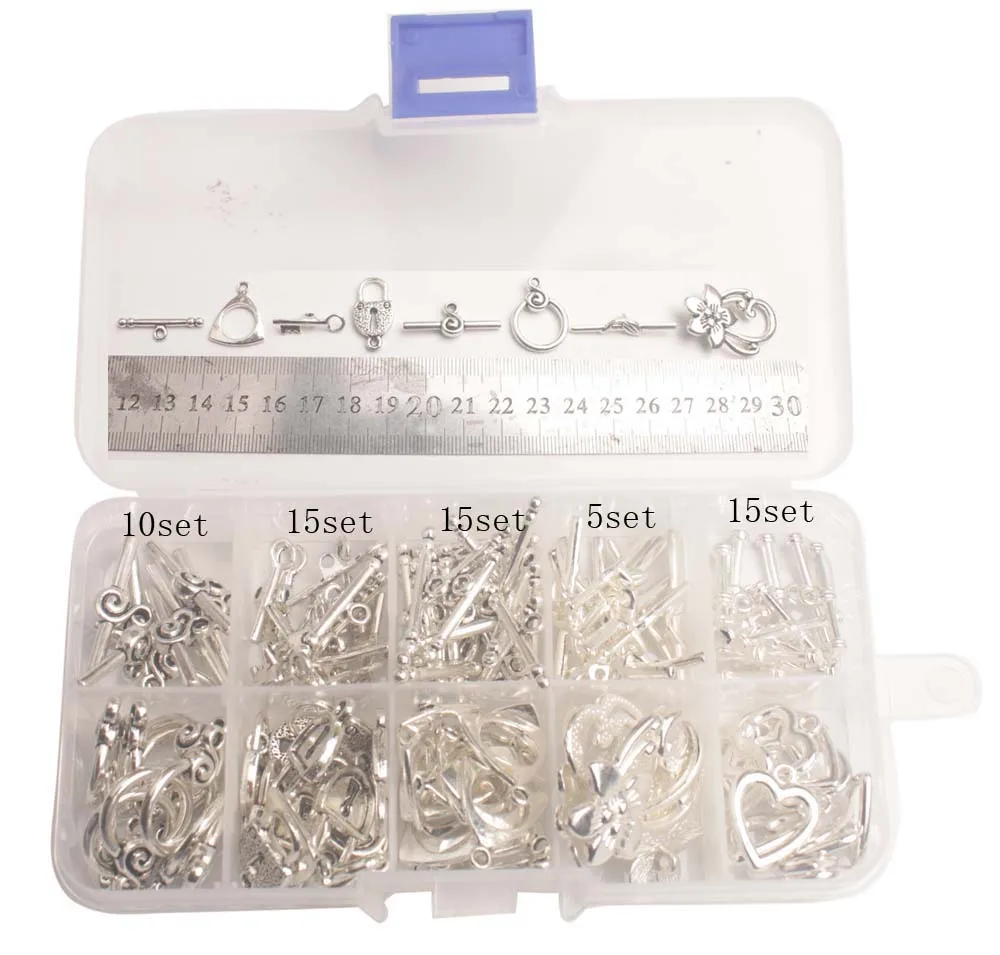 

Whole Sales 60SETS/BOX Antiqued Silver Metal Toggle Clasps W/Container Flower Lock Circle Style Free Shipping Item