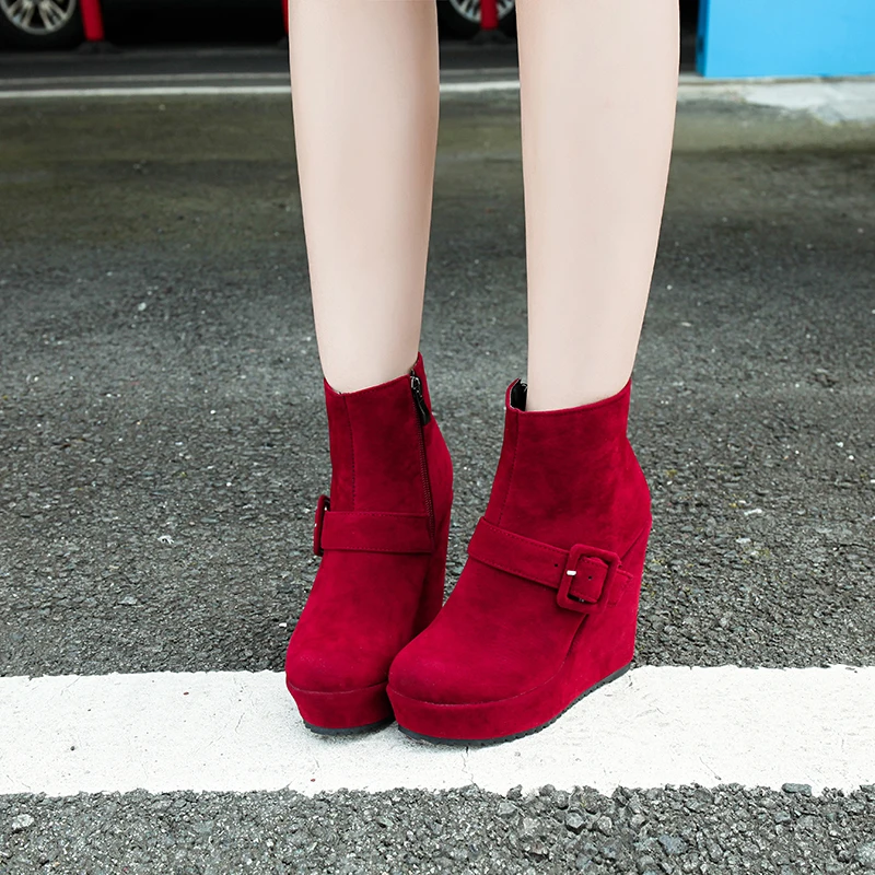 Big size 34-44 New Round Toe Buckle Boots for Women Sexy Ankle Boots Heels Fashion Winter Spring Autumn Shoes Casual Zip 6-30