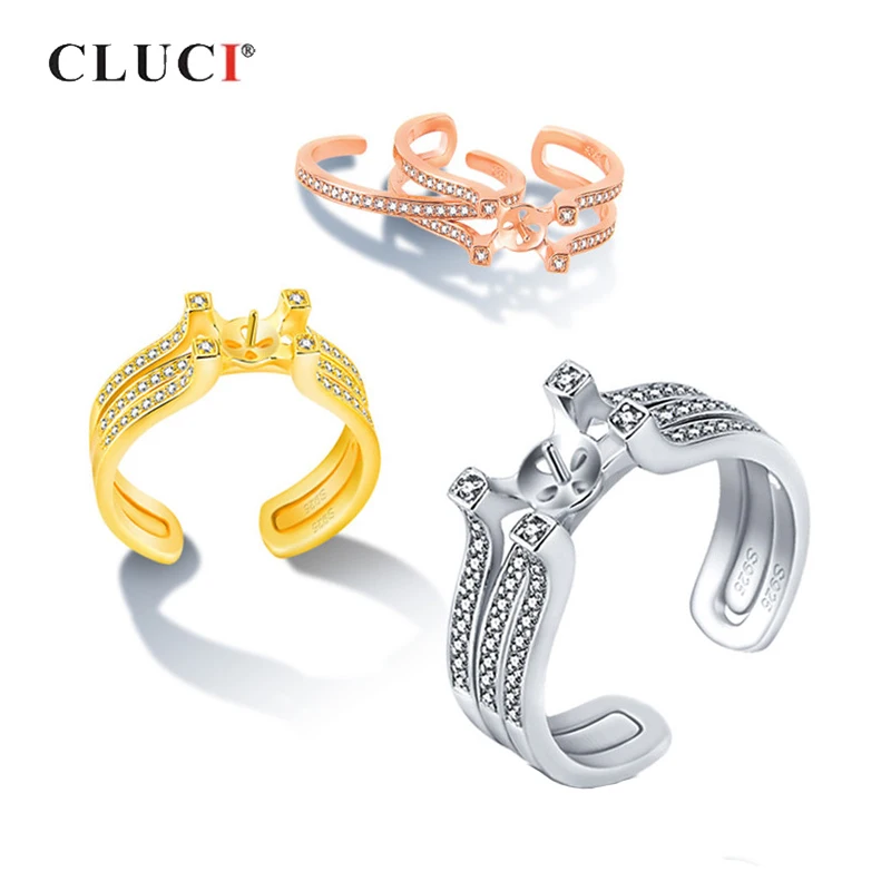 

CLUCI 925 пробы серебряные регулируемые Свадебные Кольца для женщин серебряные 925 циркониевые жемчужные кольца с двойным открытым кольцом SR2231SB