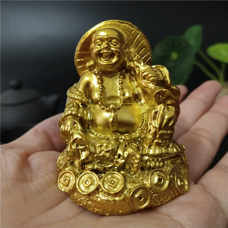 Golden Chinese Laughing Buddha Statue Ornaments Feng Shui Money Maitreya Buddha Sculpture Figurines For Home Garden Decoration