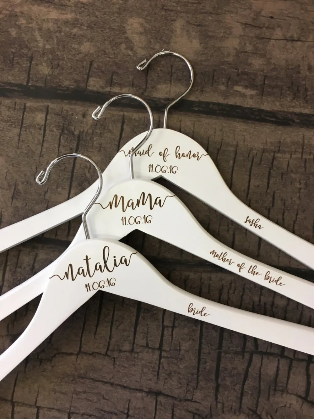 Personalized Engraved Name Bride, Bridesmaid   Wooden Wedding Dress Hangers,Hen Parties, Bridal Showers gifts,three color hanger