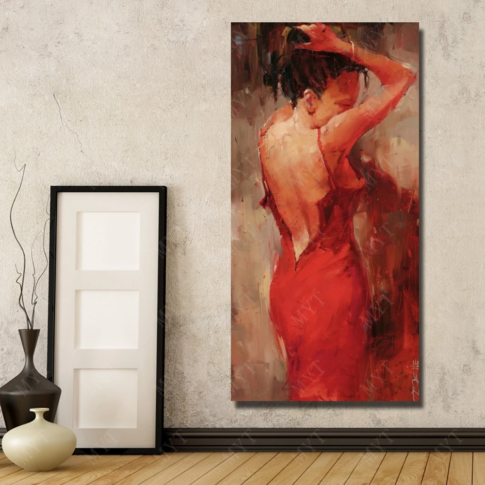 Beautiful Red Dress Girl Back  Paintings for Living Room Wall Handpainted Cheap  Modern  Figure Oil Painting Sexy Wall Art