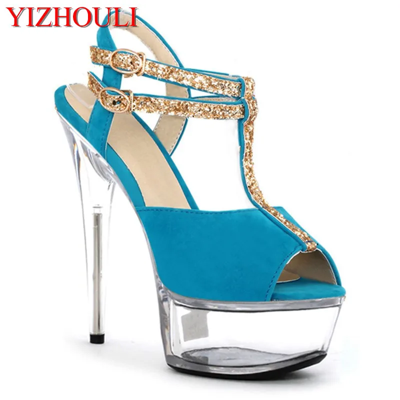 

15 cm high with star banquet buckle shoes Thick soles sequins fish mouth sandals High Heel Shoe