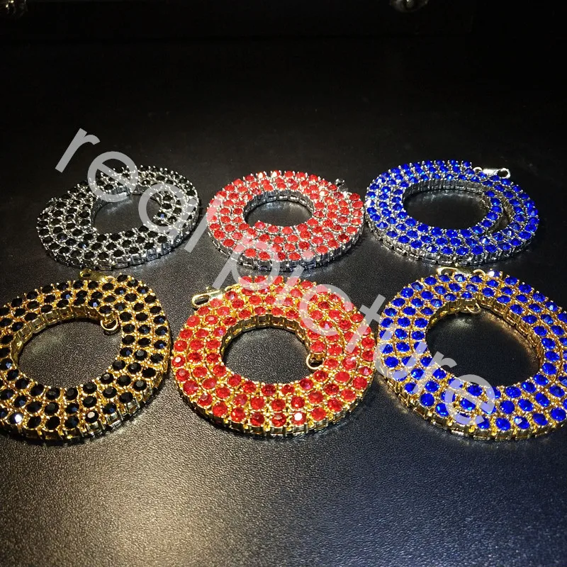 THE BLING KING  1 Row Tennis Chains Necklace For Men Iced Blue/Red/Black Colored Rhinestones Link Choker Hiphop Jewelry