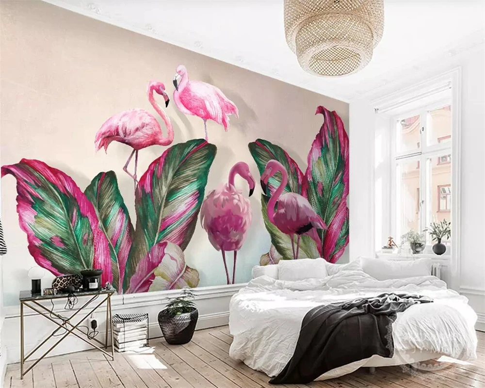 Custom size mural Tropical plant banana leaf Flamingos TV background wall 3d wallpaper Home decor Bedroom hanging painting