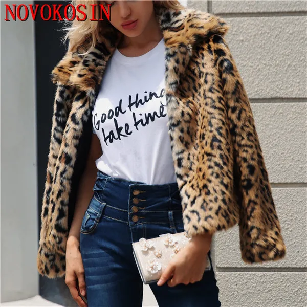 S-3XL Winter Warm Open Stitch Turn-Down Neck Slim Plush Jacket Women Faux Fur Leopard Cardigan Ladies Thick Short Coat