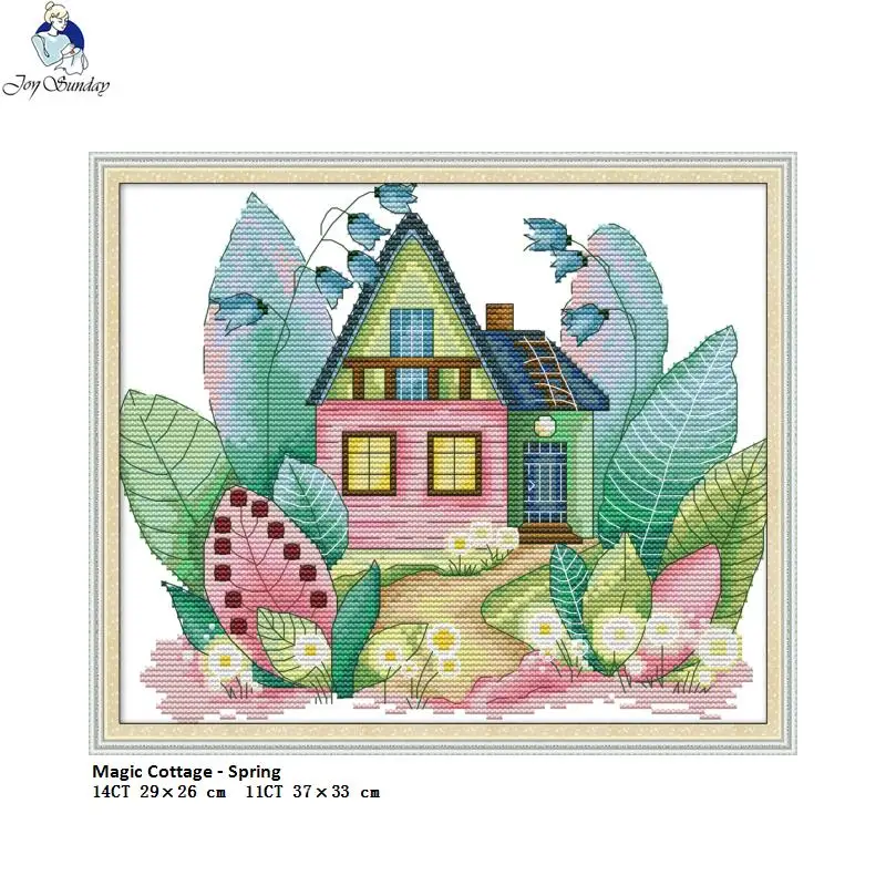 Joy Sunday Four Seasons Magic Cottage Pattern DIY Hand Cross Stitch Kits Printed Canvas DMC Cross-stitch Embroidery Needlework