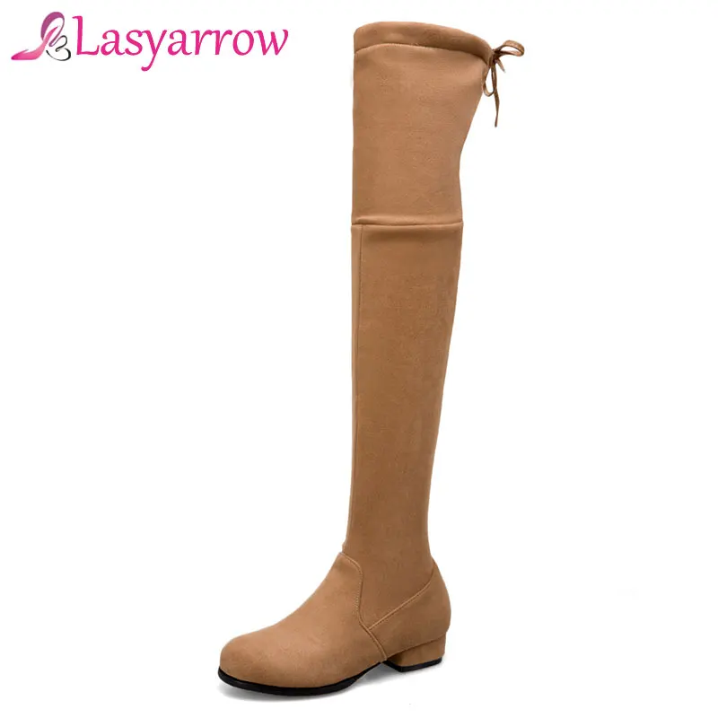 Lasyarrow2018 Nuovo Autunno Punta Rotonda di Spessore Inferiore Sopra il Ginocchio Stivali Tacco Quadrato Basso Coscia Alti Stivali In Pizzo Up