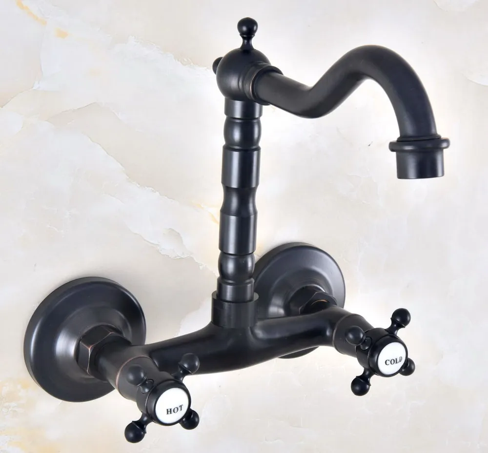 Bathroom Wall Mounted Basin Faucet 360 Degree Roation Black Double Handle Faucets Hot and Cold Water Mixer Faucet Knf459