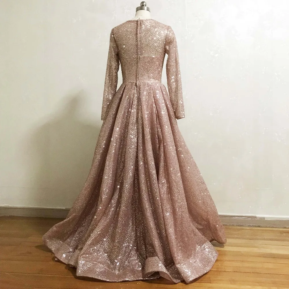 Vestido de graduación plisado de manga larga con cuello en V, tela brillante, oro rosa, más vendido