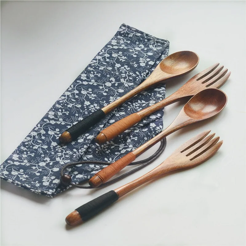 Japanese Korea Style Wooden Fork Spoon Two-piece Suit Travel Portable Tableware Nice Dinnerware Bag Packing WB362