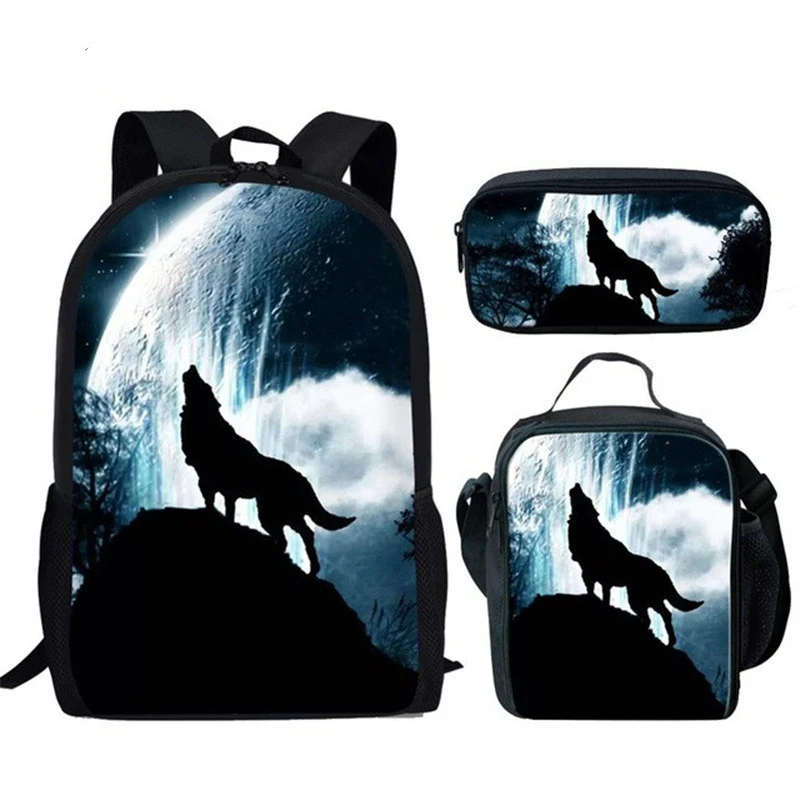 ELVISWORDS-Mochilas escolares con estampado de Lobo y Luna, morral ortopédico de viaje para adolescentes, niños y niñas, Set de 3 unids/set