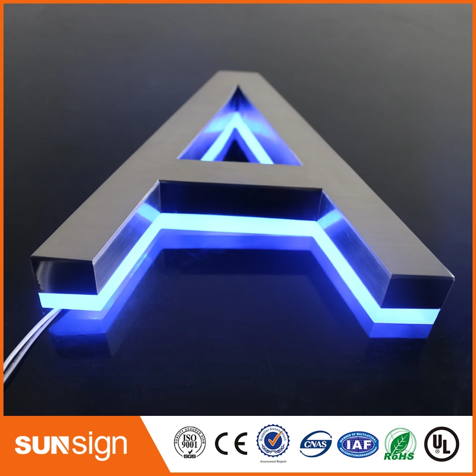 H25cm sinalização de aço inoxidável com luz de fundo, loja iluminada 3d, entradas de letras led