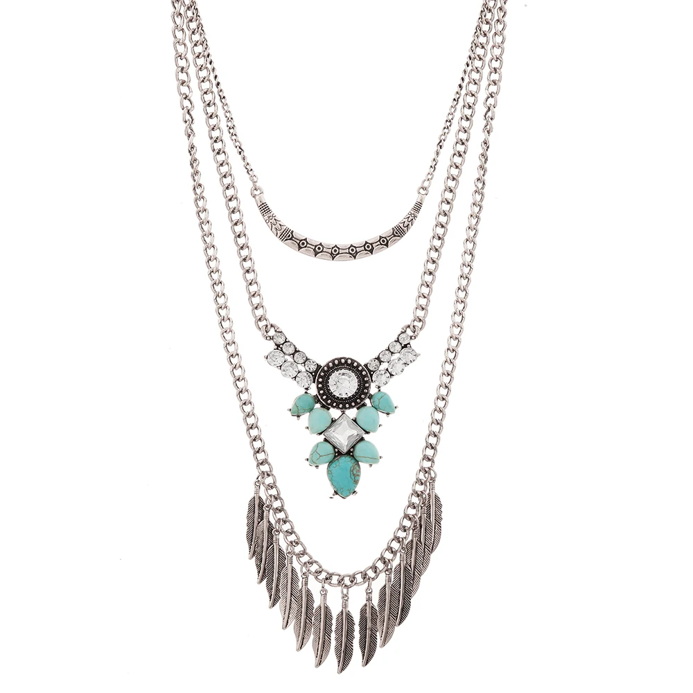 Metal Half moon Feather Gold SIL Chains Pendant Necklace Bohe  Resinstone Metal Ethnic Charms Layers Necklace Collar Sra