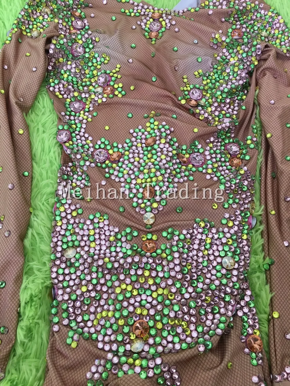 Body de colores Nude con diamantes de imitación para mujer, Ropa de baile para discoteca, monos de manga larga, traje de fiesta, novedad de 2018