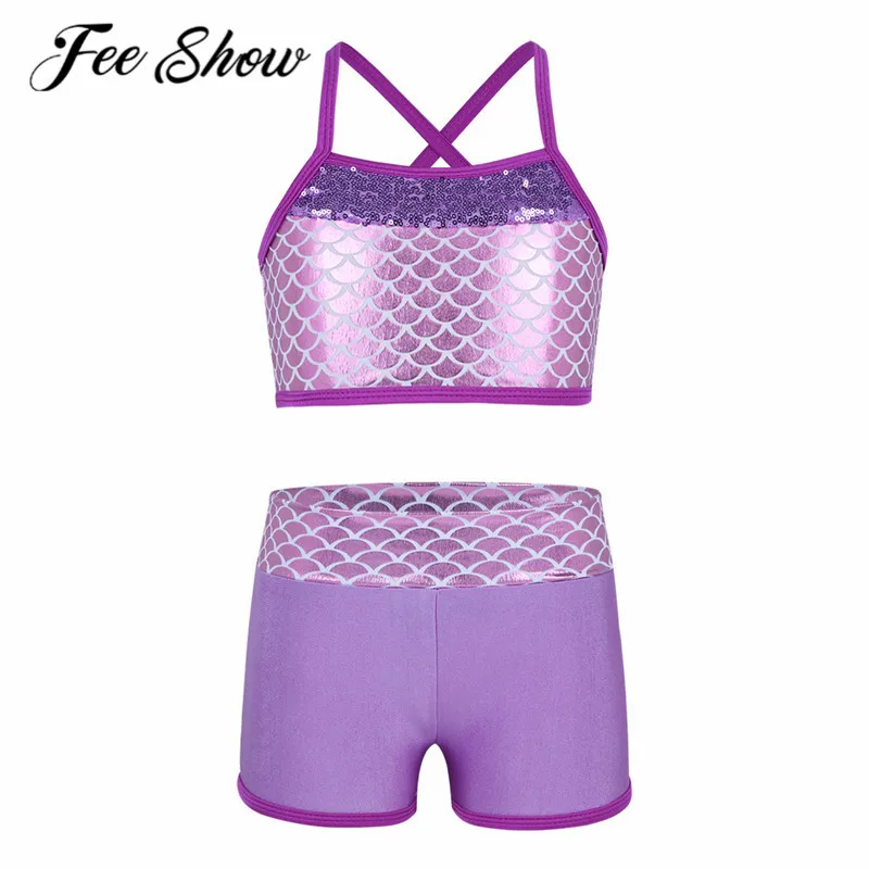 

FEESHOW Kids Girl Tankini Suit Sleeveless Sequins Mermaid Scales Tank Top Shorts Set for Ballet Dance Gymnastics Workout Clothes