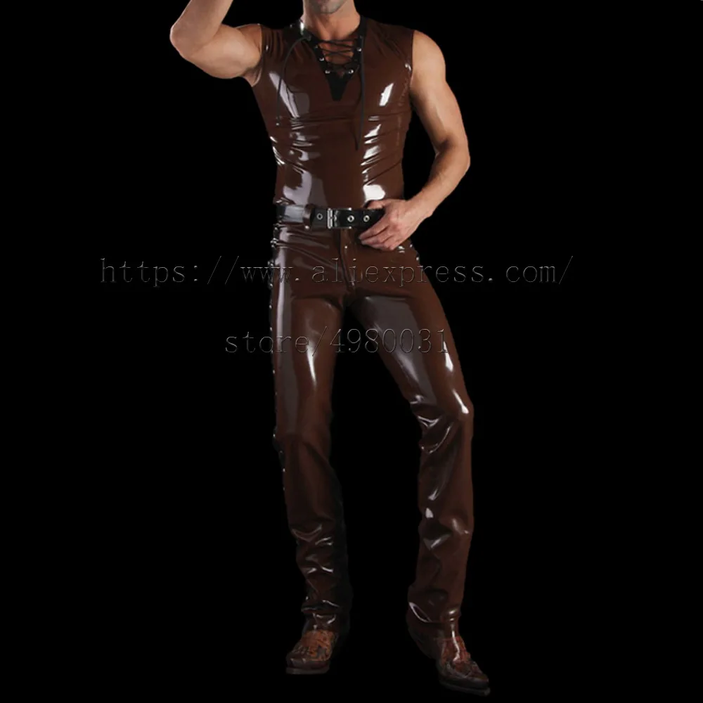 Brown color latex trousers men's latex pants with lace-up decoration