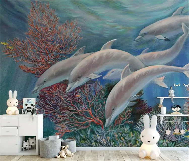 Kustom 3D Wallpaper Non Woven Anak Foto Mural Wallpaper Roll Laut Kartun Dolphin Dekorasi Rumah untuk Kamar Anak Kamar Tidur