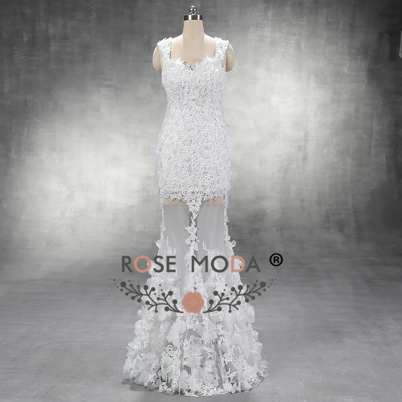 Rose Moda 3D Flower Lace Boho Wedding Dress with Removable Train Real Photos