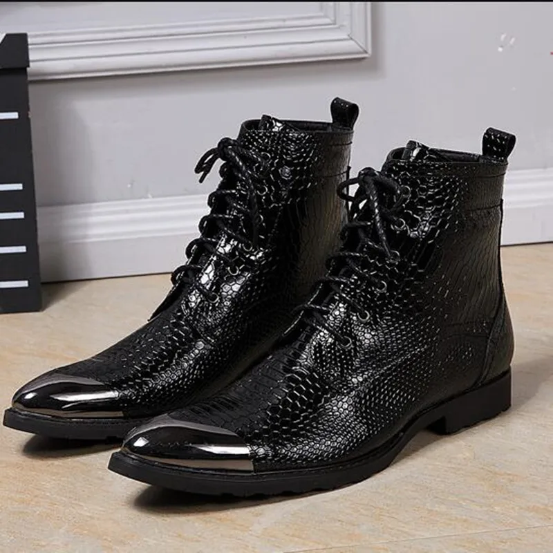 

Western cowboy classic punk style black genuine leather sliver steel toe army military boots high top thick heels male shoes men