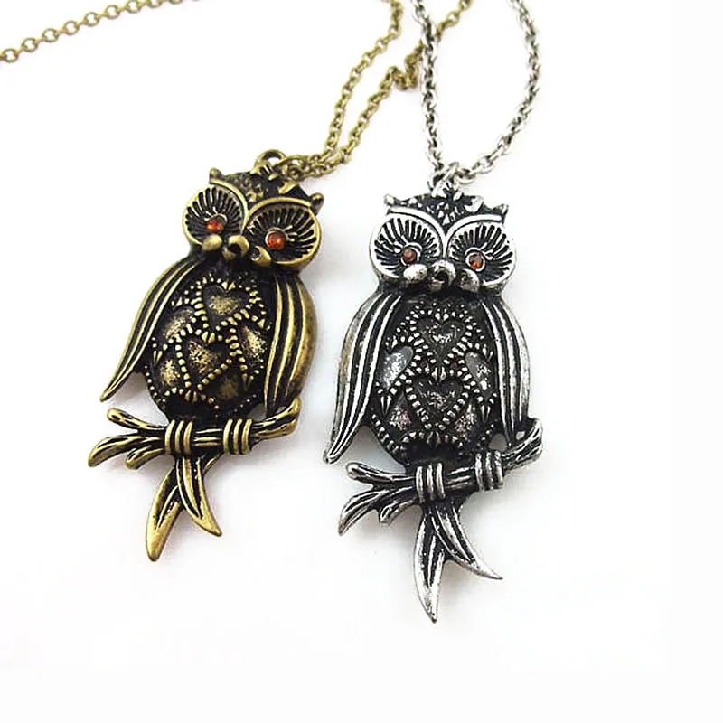 Cute Engraved Owl Heart Rhinestone Pendant Long Necklace for Women Lady Vintage Style Retro Animal Metal Necklaces Gift Jewelry