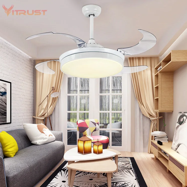 Dimmable Ceiling Fans with Lights and Modern Invisible Retractable LED Chandelier Fan Light 36/42 inches with Remote control.