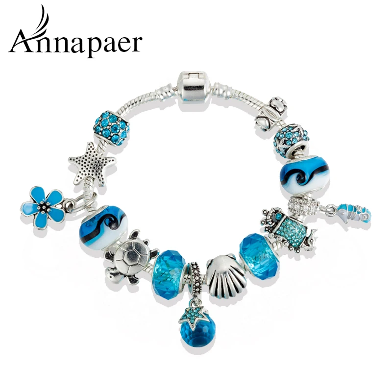 ANNAPAER Emaille Seestern Charme Armbänder & Armreifen Feine Silber Farbe Blau Kristall Murano Perlen Armband für Frauen B16194