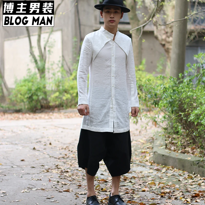 

High quality Big yards men's cotton and linen fabric long-sleeved shirt fashion personality style vents of shirt