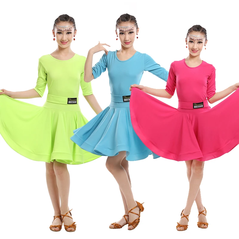 Girls Green Blue Latin dancing dress Kids Ballroom Salsa Dance wear Outfits Children\'s Party Stage wear costumes long sleeve