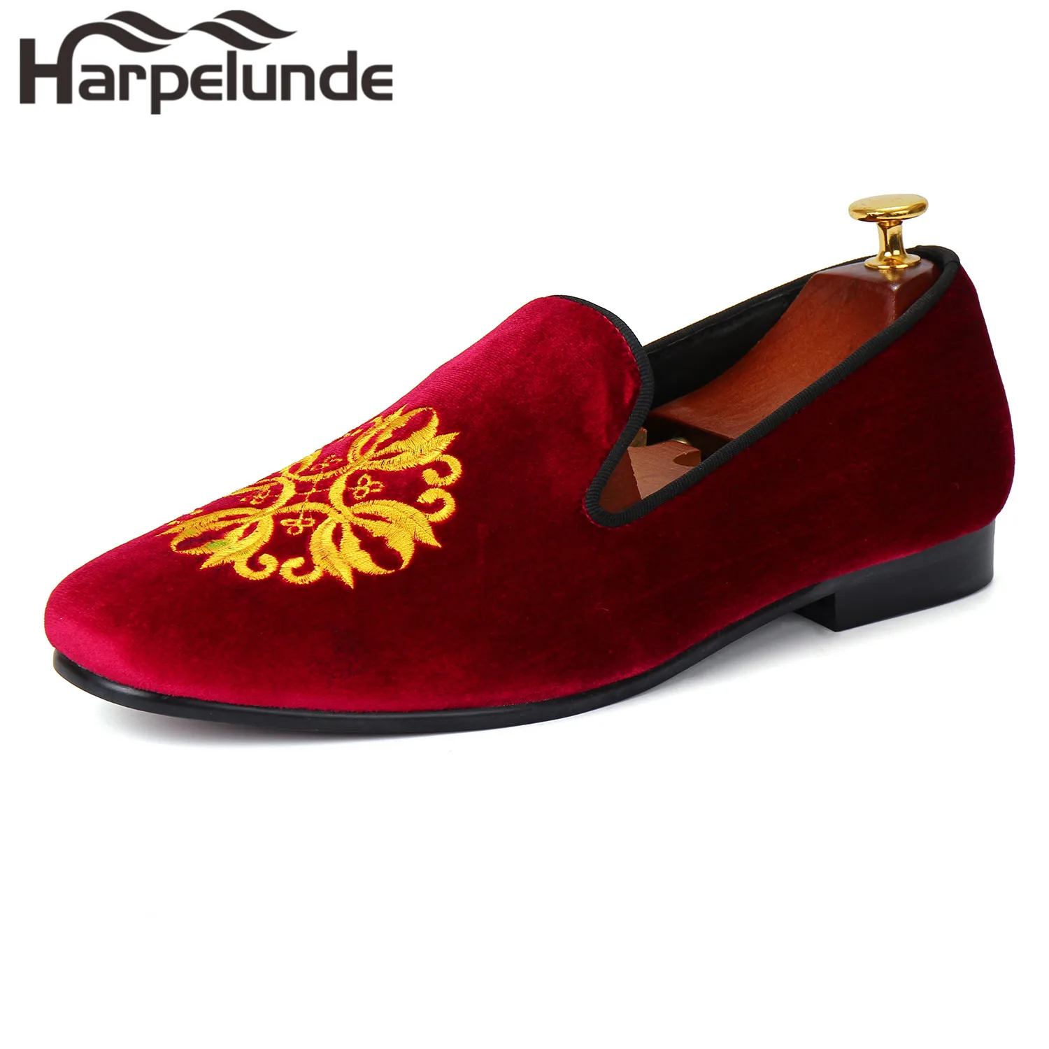 

Harpelunde Formal Shoes For Men Burgundy Velvet Embroidered Loafer Flats lining 8-13