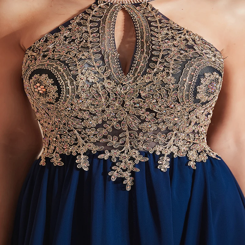 JaneVini-Vestidos de Fiesta largos azul marino, elegantes vestidos de fiesta de noche con cuello Halter, apliques dorados, gasa con cuentas, 2019