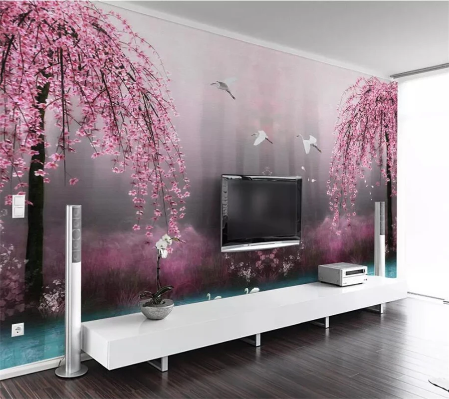 

wellyu Custom wallpaper papel de parede 3d Photo Murals Beautiful Dream Pink Cherry Swan Lake Scenery TV Background Wallpaper