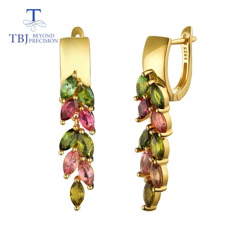 

TBJ,colorful 4.2ct natural brazil tourmaline clasp earring 925 sterling silver gold fine jewelry for lady wife party nice gift