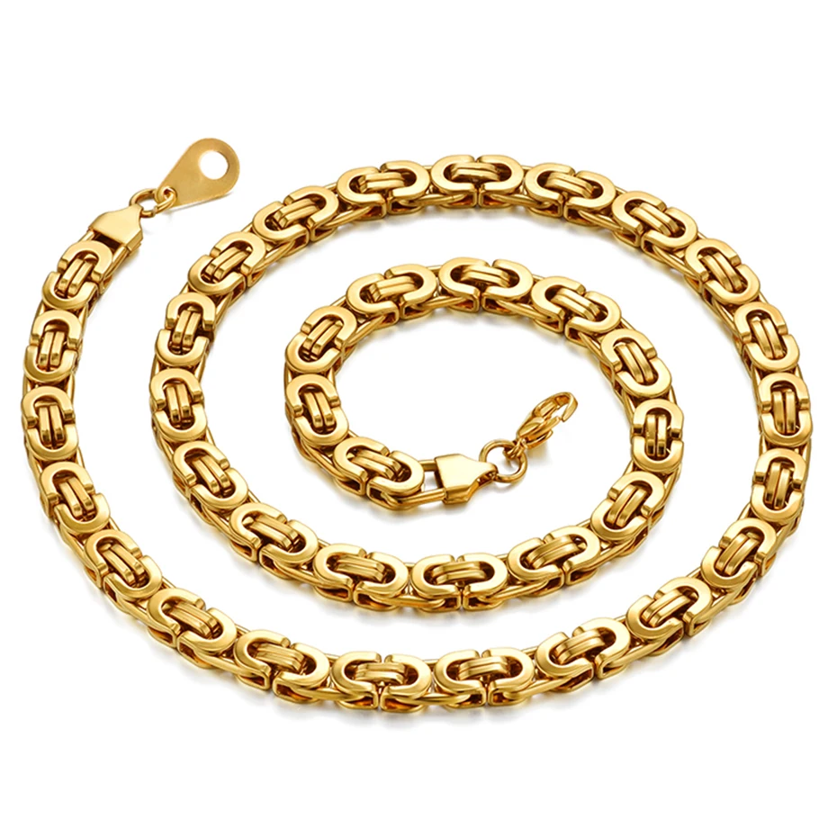 8mm Men\'s Thick Chain Stainless Steel Long Gold Color Byzantine Link Chain Necklace Hip Hop Jewelry Dropshipping Wholesale