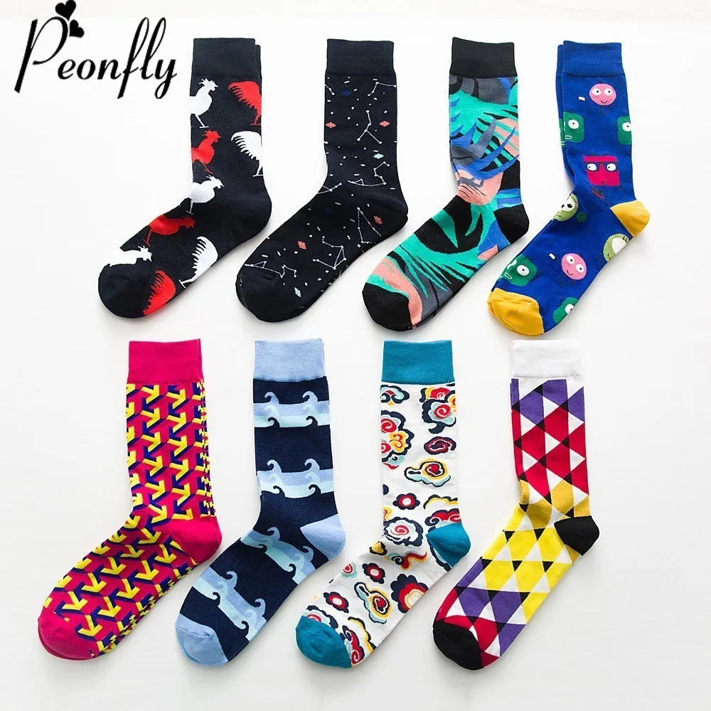 PEONFLY fashion colorful Happy Socks men Newly Cartoon Rooster Cloud Soft Breathable Cotton Short Socks Casual  Funny Socks male