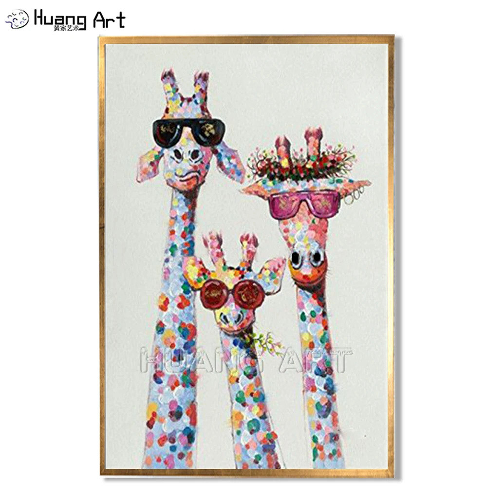 

Cute Giraffe Family Painting 100% Hand-painted High Quality Modern Giraffe Thickness Oil Painting for Decor Animal Wall Painting