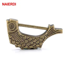 NAIERDI 60*30mm Vintage Chinese Keyed Padlock Antique Old Style Retro Lock Zinc Alloy Jewelry Box Fish Pattern Lock Home Decor