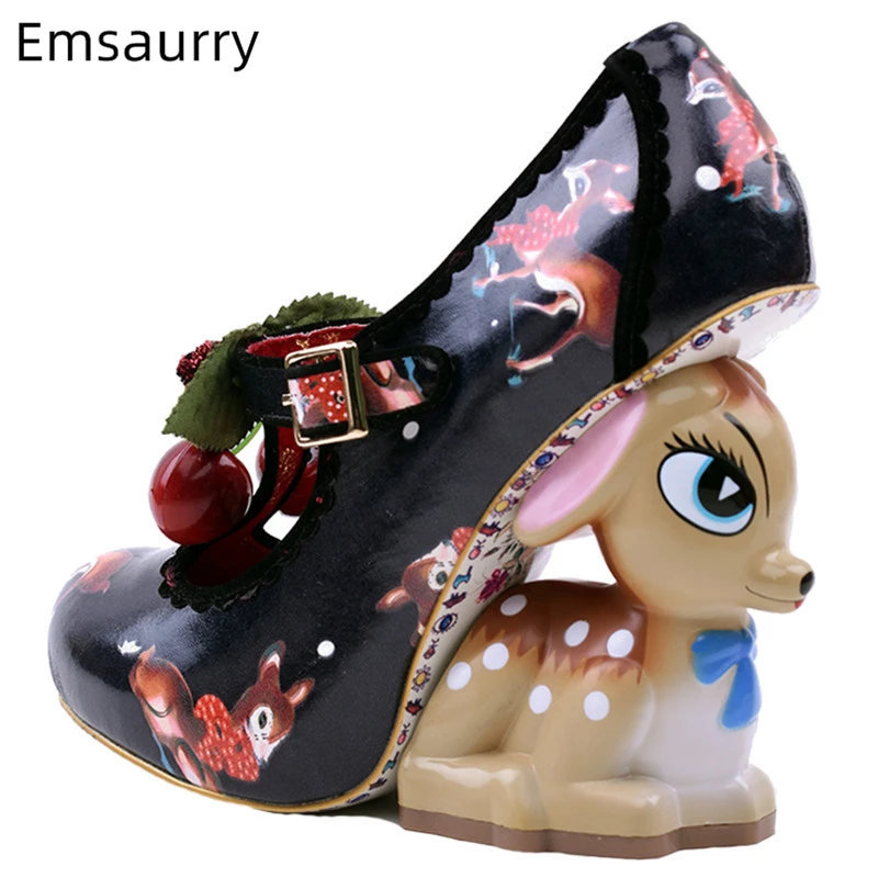 Vivid Painted Deer Heel Bridal Wedding Shoes New Design Cherry Belt Buckle Printed Color Strange High Heel Shoes Woman