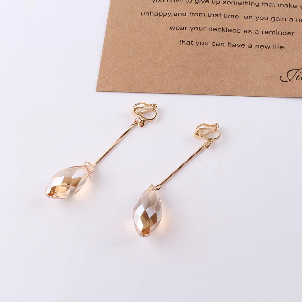 Fashion New Arrival Women Trendy Long crystal Clip On Earrings Without Piercing Women Earring for Chrismas Birthday gift