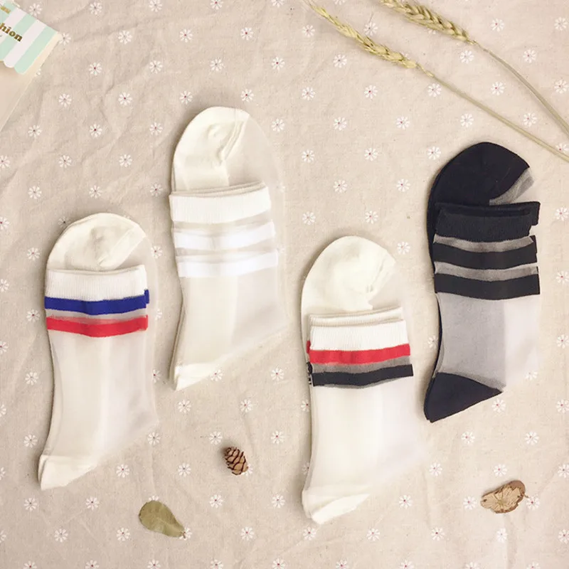 Two Striped Lace Transparent Crystal Socks 2018 Hot Selling Different Style Comfy Sheer Silk Summer Ankle Women Socks