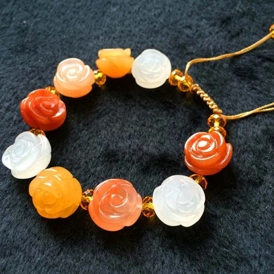 

Natural Gold Jade Karamay Original Stone Colorful Flowers Hand String Bracelet Men And Women