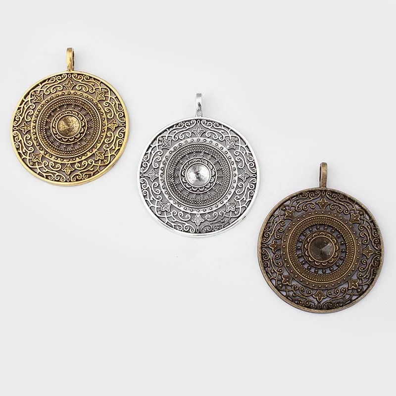 2PCS Tibetan Silver/Bronze/Gold Large Round Mandala Flower Hollow Filigree Charms Pendant For Necklace Jewelry Making 56x68mm