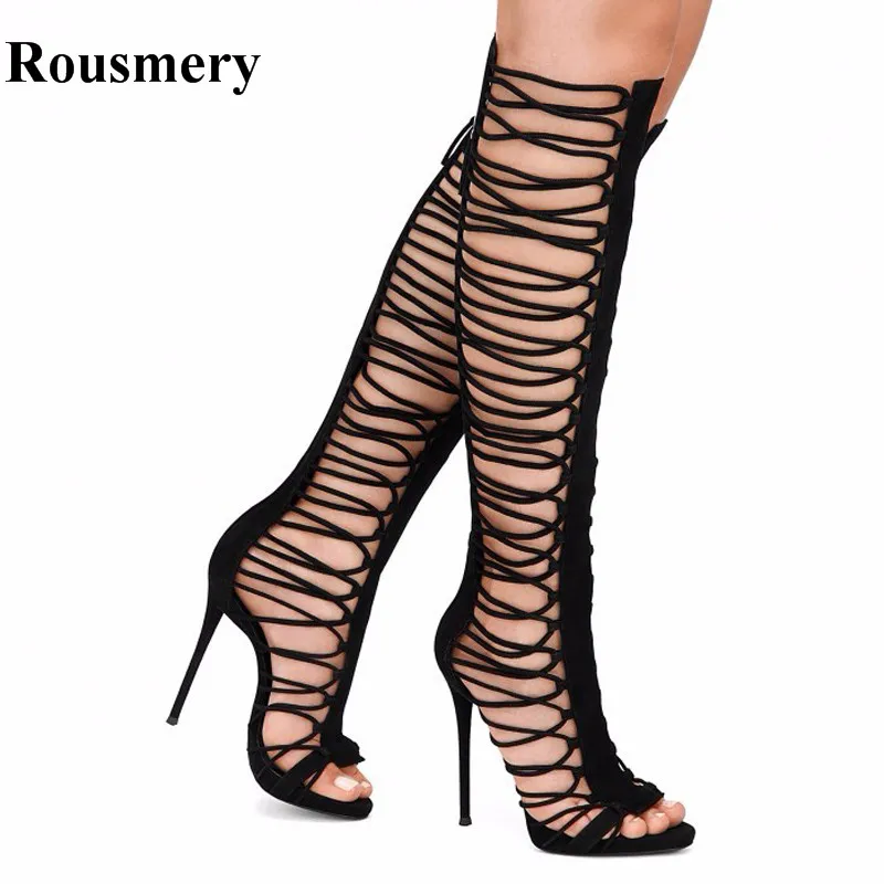 New Fashion Women Open Toe Strap Design Knee High Black Gladiator Boots Back Zipper Cut-out High Heel Long Sandal Boots