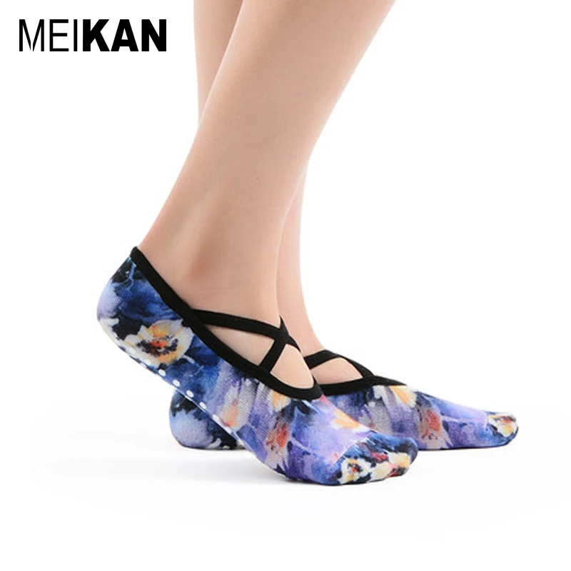 

MK1701 MEIKAN Women Printed Yoga Socks Pilates Dance Sox Cross Belt Non-slip PVC Sole Thin for Spring Summer