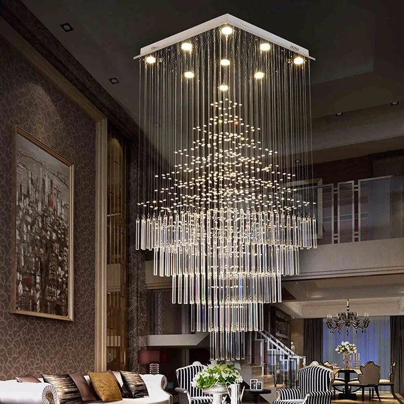 

Modern LED rectangular crystal chandelier Lamps stairs Hanging Pendant Lamps Fixtures For Villa Hotel Mall with AC110-240v